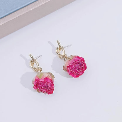 Unique Immortal Flower Earrings Elegant Natural Flower Pearl Drop Earrings Statement Jewelry Epoxy Resin Real Rose Earring 2024
