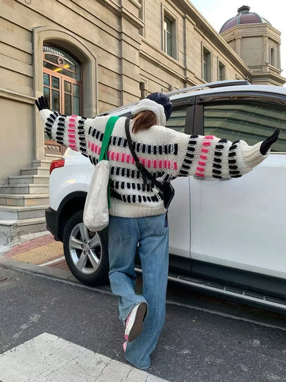Women Multi Color Striped Thick Casual Round-neck Sweater Chunky Jumper Bold Black & Pink Stripes Winter Niche Design Knit Top
