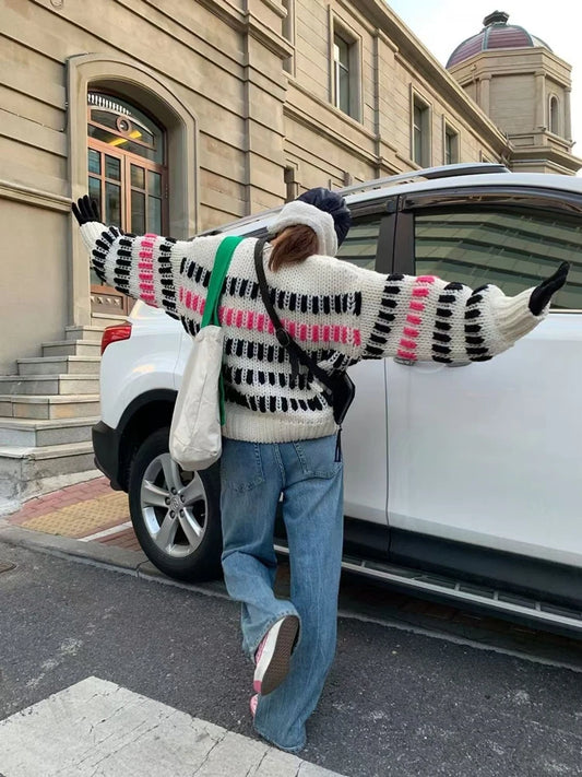 Women Multi Color Striped Thick Casual Round-neck Sweater Chunky Jumper Bold Black & Pink Stripes Winter Niche Design Knit Top