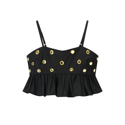 Women's Metal Hollow Pleated Suspender Skirt Two Piece Set Sexy Sleeveless Vest High Waist Mini Skirt Lady Vacation Dress Sets