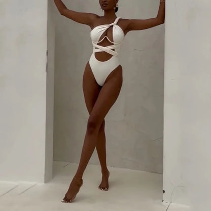 BEACHCICI Women's Bikini One Piece Sexy Solid One Shoulder Slim Tie Up Pleated Hollow Out Nipped Waist Beach Swimwear For Female