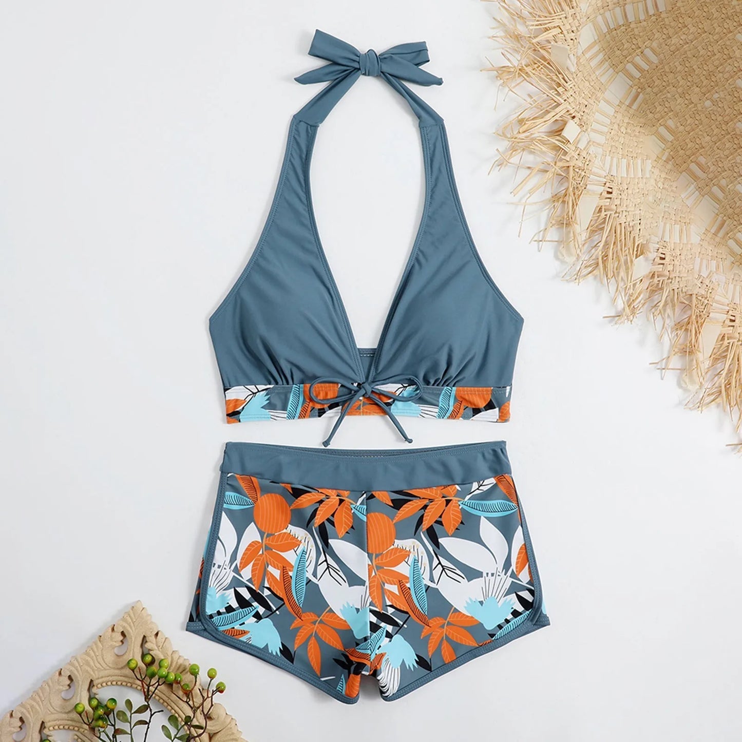Women's Paneled Printed Swimsuit Ladies Fashion Sexy Split Boxer High Waist Swimsuit Two-Piece Set V-Neck Bathing Suits Female