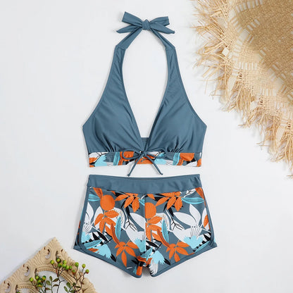 Women's Paneled Printed Swimsuit Ladies Fashion Sexy Split Boxer High Waist Swimsuit Two-Piece Set V-Neck Bathing Suits Female