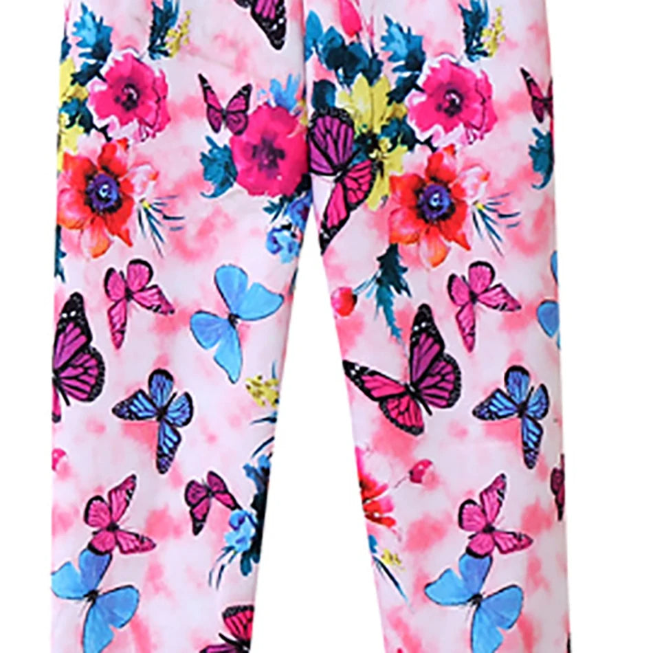 Girls Warm Plush Long Pants for Autumn Spring Cartoon Butterfly Striped Soft Cozy Leggings Fleece-Lined Bottoms Kids Casual Wear