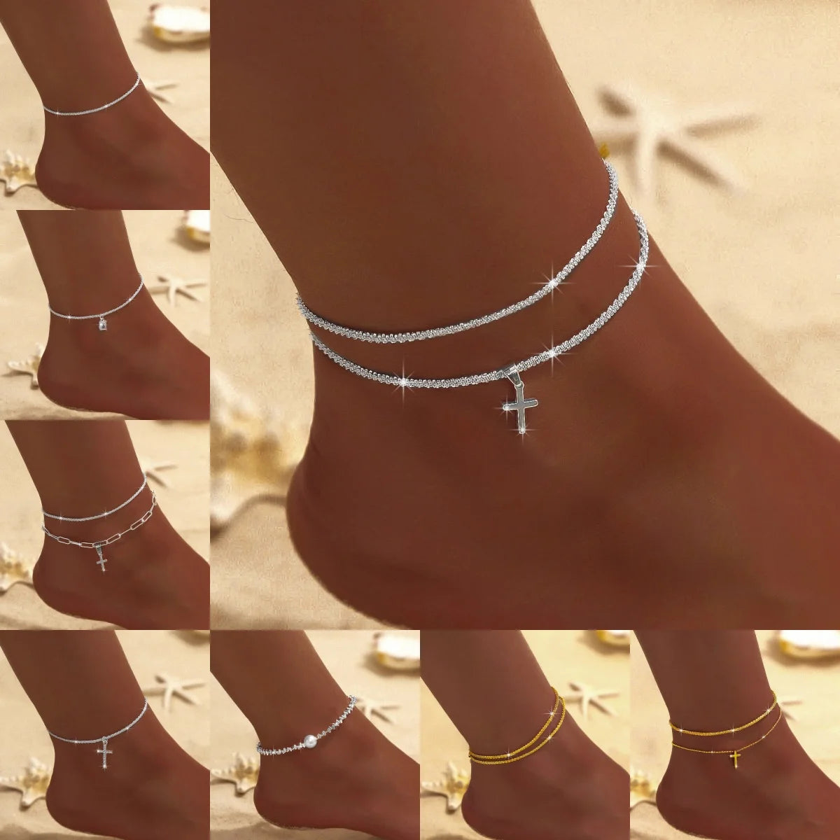 Summer Shiny Sparkling Simple Silver Color Anklet Zircon Cross Love Pearl Double Layer Bracelet On Leg Foot Trendy Beach Jewelry