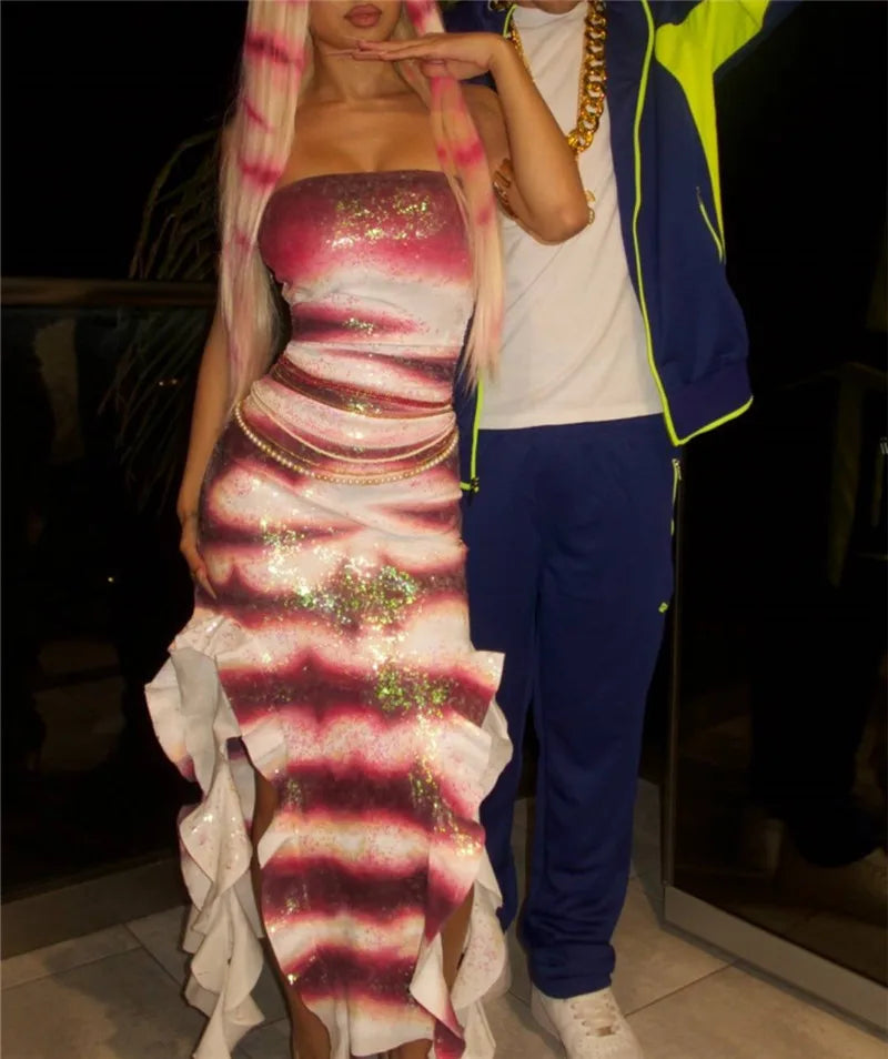 Halloween Shark Tale Costume for Adults Oscar and Lola Couple Costume Halloween Women Sparkle Ruffle Hem Strapless Fish Cosplay