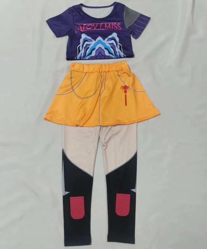 Zoey Rumi kids costume purple crop top with shoulder pad yellow skirt and beige leggings with boot print