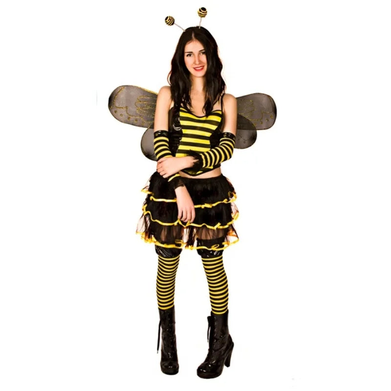 Women Halloween Bee Costume Set Sleeveless Cami Bodysuit with Cute Headband and Mesh Wing