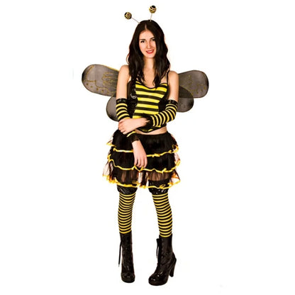Women Halloween Bee Costume Set Sleeveless Cami Bodysuit with Cute Headband and Mesh Wing