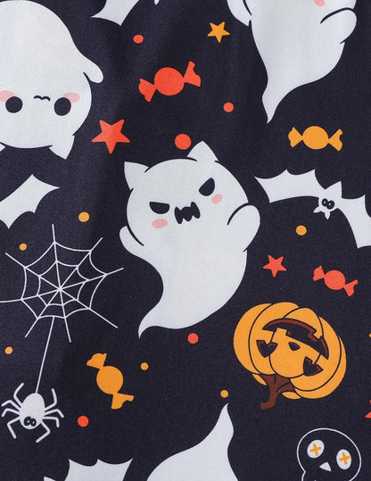 Women Halloween Pumpkin Bat Print Pajama Set,Breathable Lapel Loungewear Short-Sleeved Roll-Neck Shirt and Loose Shorts S-XXL