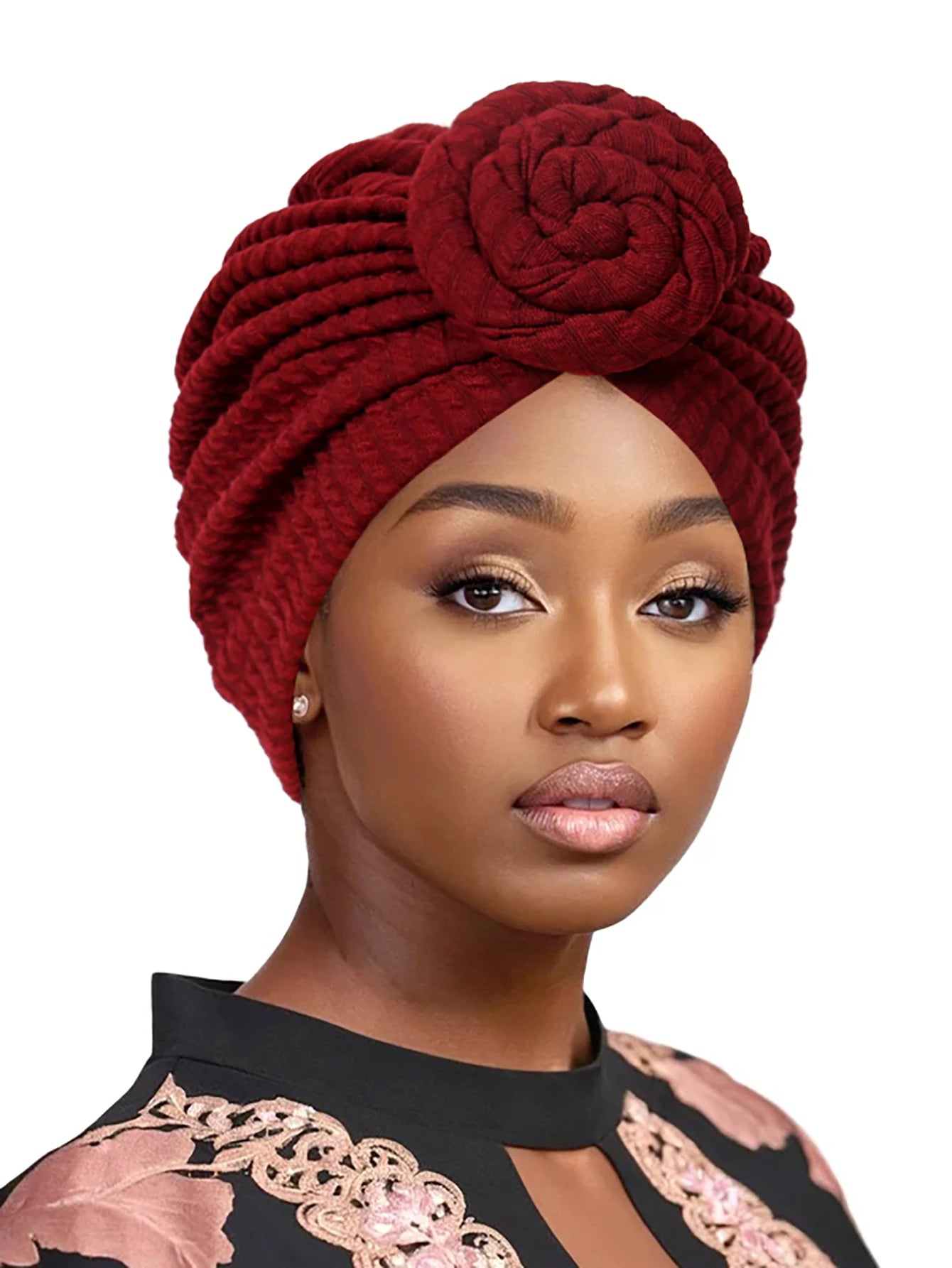 EtherealBe women's turban hijab hats in burgundy with a decorative floral design for stylish headwear