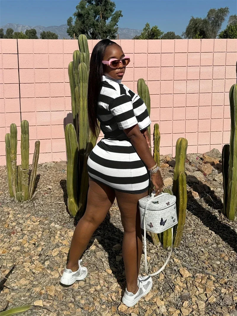 Sporty Fitness Striped Print 2 Pieces Set for Woman Streetwear Casual Turn-down Collar Shirt Crop Top and Mini Skirt Sets Summer