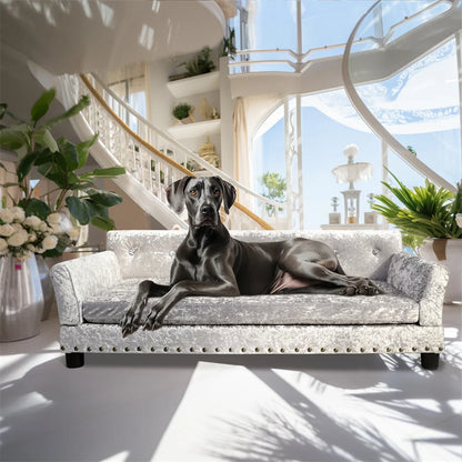 Luxury Velvet Tufted Dog Sofa Bed Large Elevated Pet Bed Upholstered Cushion Wooden Frame Raised Puppy Sofa Couch