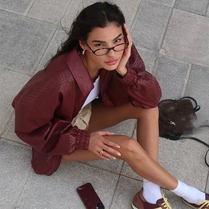 Dulzura 2025 Autumn Fashion Casual Turn-Down Collar Long Sleeve Zipper Slim Woven Leather Jacket Party Club Street Style Clothes