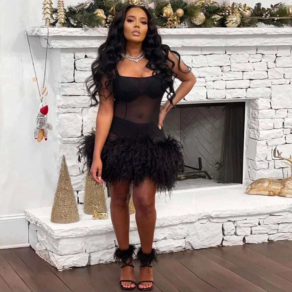 HLJ Black Sexy Mesh Perspective Patchwork Party Nightclub Dresses Women Thin Fur Mini Suspended Dress Female Halloween Clothing