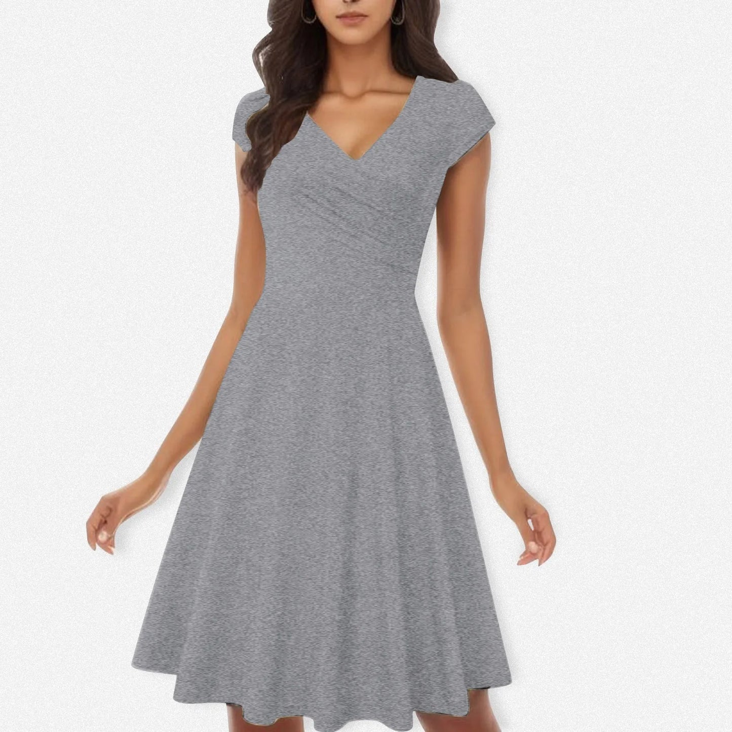 Female Solid Dress Knee-Length Short Sleeve Summer Empire Pleated Dresses A-line V-neck Simple Laides Casual Club Party Dress