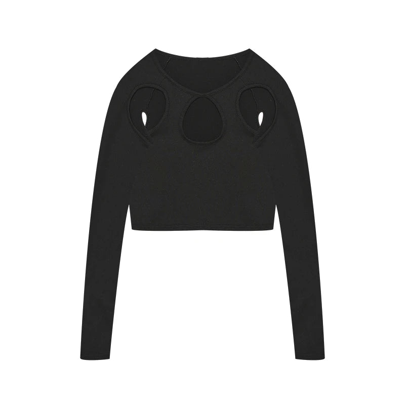 Spring and Summer Europe and the United States Hot New Street Selling Pure Color Round-necked Long-sleeved Hollow Midriff Shor