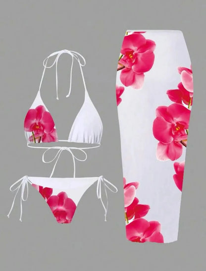 Sexy Print Three-piece Swimsuit Set Charms Lilies Limited Edition Bikini Set Attractiveness Sensuality Fashionable Women's Wear