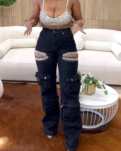 Women Cutout Diamonds Crystal Hollow Out Straight Denim Pants 2024 Fall Multi Pocket High Waist Wide Leg Jeans Trousers