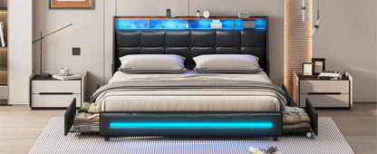 King Size Bed Frame w 4 Storage Drawers,Charging Station and LED Lights,Upholstered Bed Frame w Button Tufted Wingback Headboard
