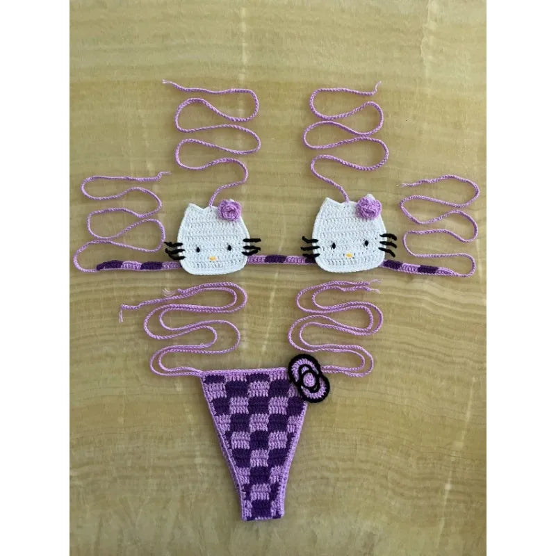 Sanrio Crochet Bikini Set Cute Girls Swimsuits Hello Kitty Sexy Bathing Suit Micro Ties Bikinis Beachwear Women Swimming Suit