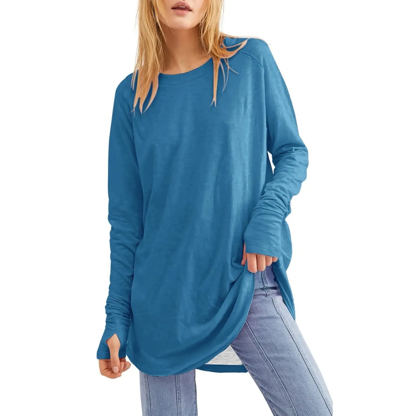 Women's Solid Round Neck Loose Long Sleeve Medium Length Leaky Thumb T-shirt Top