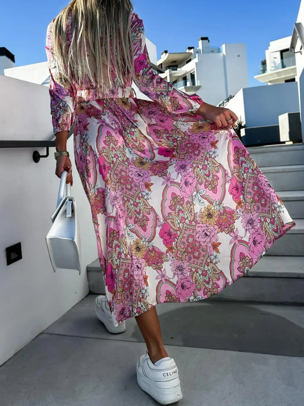 Autumn Women Floral Print Long Dress Elegant Sexy Deep V-Neck High Split Belted Dress Female Vintage Boho Long Sleeve Party Robe