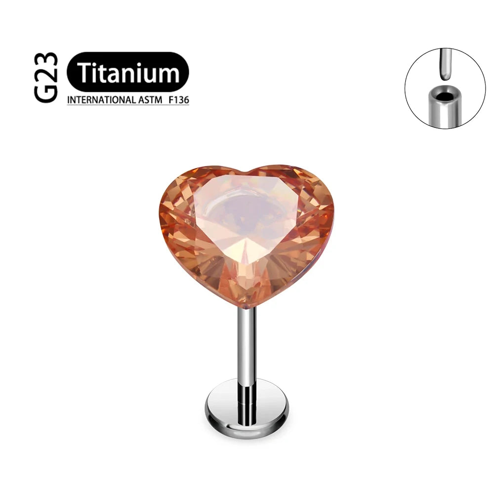 ASTM F136 Titanium 18G/16G Threadless Push Pin Labret Stud CZ Heart Cartilage Earring Helix Tragus Nose Stud Piercing