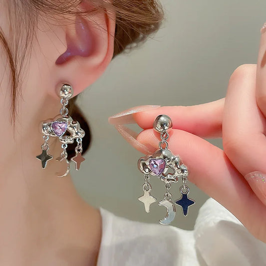 Fashion Purple Zircon Cloud Tassel Earrings For Women Fashion Creative Silver Color Star Moon Pendant Earrings Y2K Party Jewelry