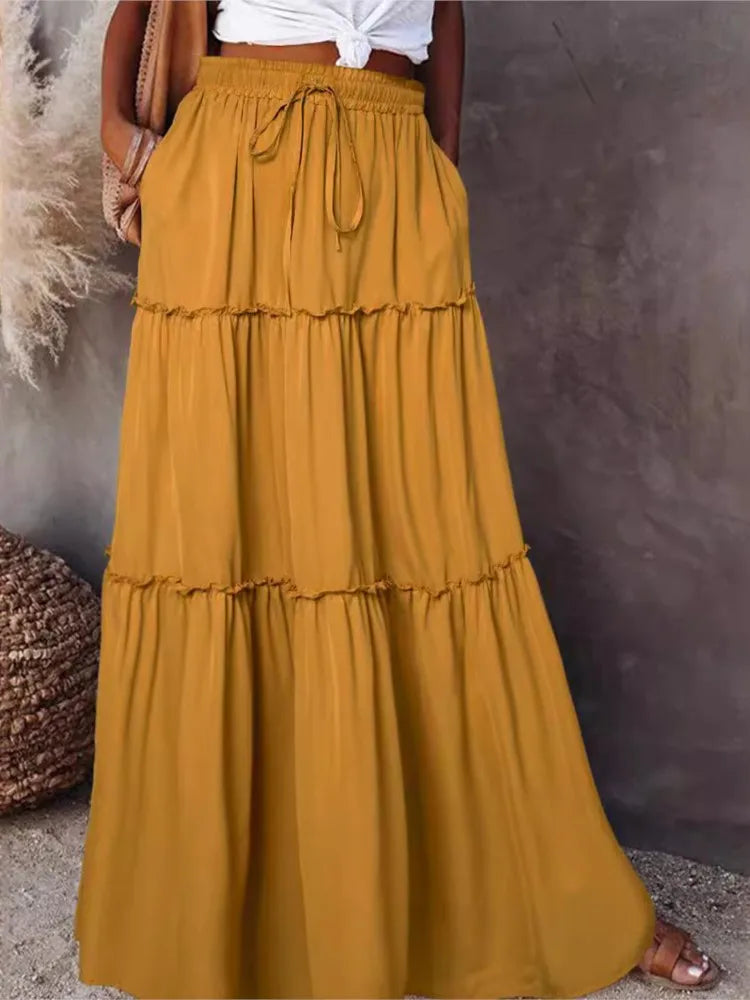 Women's Spring  Autumn New Long Skirt Solid Color Fashionable Mushroom Layered Skirt High Waist Elastic Ruffle Skirt