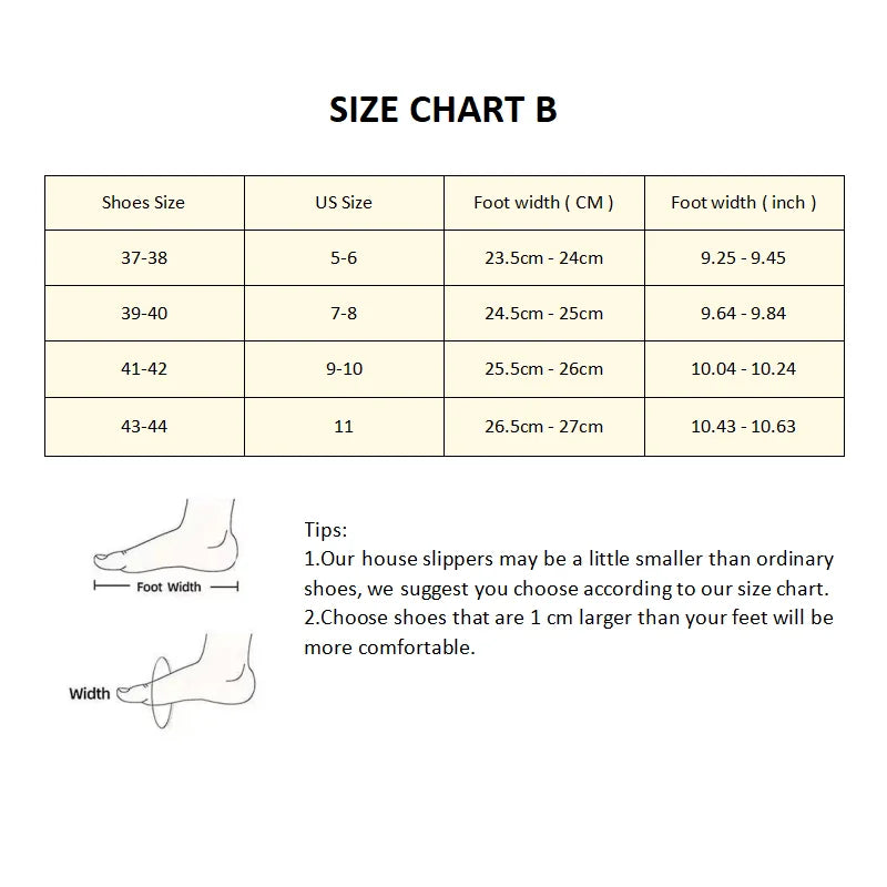 Size chart for EtherealBe skull face women's slippers showing foot measurements in CM and inches