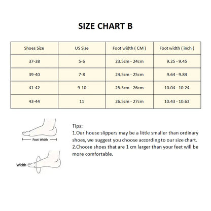 Size chart for EtherealBe skull face women's slippers showing foot measurements in CM and inches