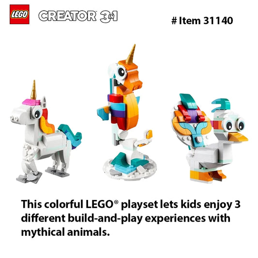 Lego 31140 Creator 3 in 1 Magical Unicorn Toy, Transforms from Unicorn to Seahorse to Peacock, Rainbow Animal Figures  145 PCS