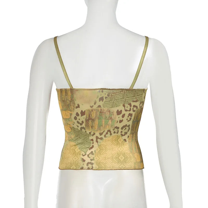 Y2K Vintage Women's Sleeveless Cami Tops Spaghetti Strap Abstract Print Ribbon Tie-up Front Camisole Tank Tops Summer Clothes