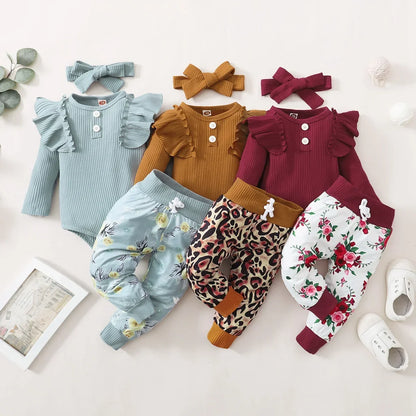 3Pcs Newborn Girl Clothes Ruffle Button Romper + Floral Print Pants Baby Girl Clothes Set Infant Kids Clothing Fall Baby Outfits