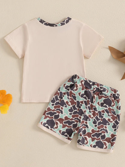 Boys Casual Summer Outfits Short Sleeve T-Shirts and Camouflage Shorts Set with Elastic Waistband for Toddlers 2 Pieces