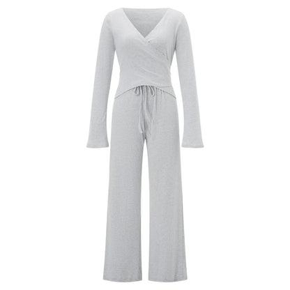 Women Fashion Lounge Set Vintage 2 Piece Outfit V Neck Waist Tie T-shirt + Elastic Waist Pants Autumn Long Sleeve Crop Tops