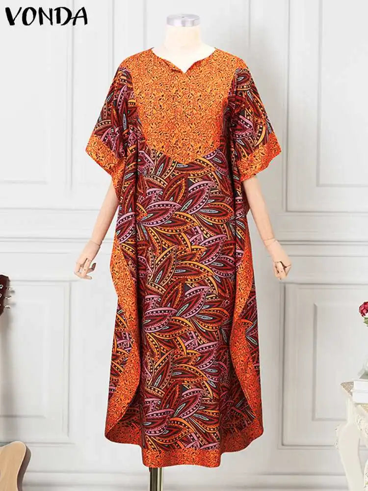 VONDA Bohemian Women Printed Maxi Sundress 2024 Summer Half Sleeve Casual Loose Long Dress Oversized Kaftan Holiday Vestidos