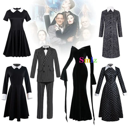 Wednesday Addams cosplay dress for women collage of black Peter Pan collar dresses striped suit and velvet gown