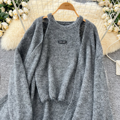 SINGREINY Fashion Solid Cashmere Sweater Long Sleeves Loose Warm Cardigan+Sleeveless Knitting Tank Top Winter Gentle Casual Tops