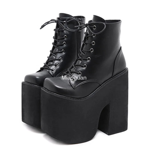 Fashion Height 17cm Chunky Heel Motorcycle Boots Women Platform Ankle Boots Punk Cosplay Thick Sole Goth Girls Shoes Big Size 43