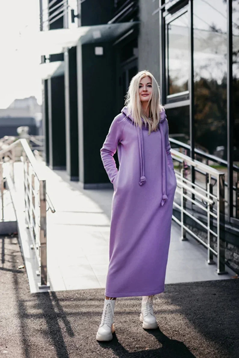 Plus Size Women Fashion Loose Autumn Winter Large Knitted Hooded Long Dress Velvet Hoodie Casual Dress Splicing Warm Dress