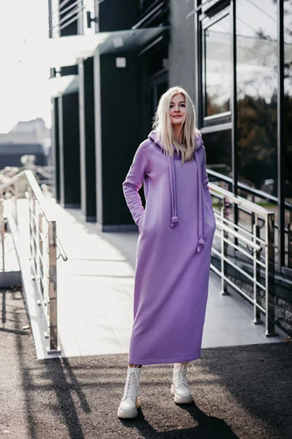 Plus Size Women Fashion Loose Autumn Winter Large Knitted Hooded Long Dress Velvet Hoodie Casual Dress Splicing Warm Dress