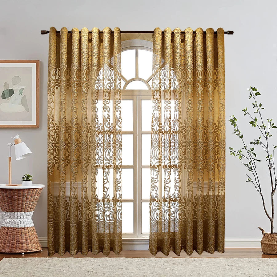 European Luxury Coffee with Golden Wire Jacquard Hollow Tulle Curtain for Living Room Palace Elgent Fabric Windows Drape ZH431#4