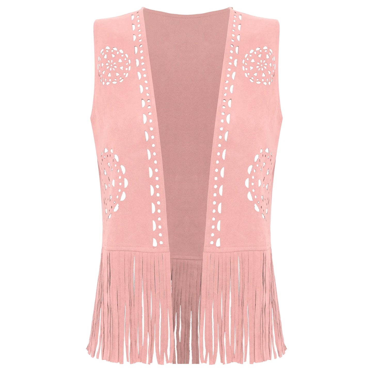 Womens Western Cowgirl Hippy Cosplay Costume Vintage Hollow Out Tassel Tank Tops Fringe Vest 70s Disco Faux Suede Waistcoat