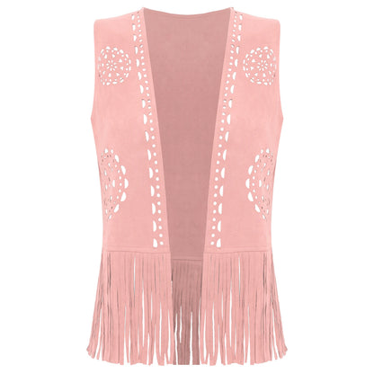 Womens Western Cowgirl Hippy Cosplay Costume Vintage Hollow Out Tassel Tank Tops Fringe Vest 70s Disco Faux Suede Waistcoat