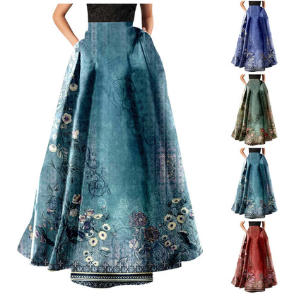 Vintage Floral Print Maxi Skirt High Waist Party Beach Long Skirts Spring Summer Casual Pocket Skirt For Women Elegant Vestidos