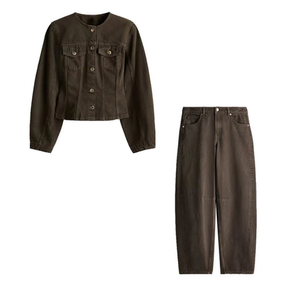 Vintage Solid Denim Jacket Pants Sets Women O-neck Single Breasted Long Sleeve Coat Wide Leg Trousers 2025 Jeans Outfits Street