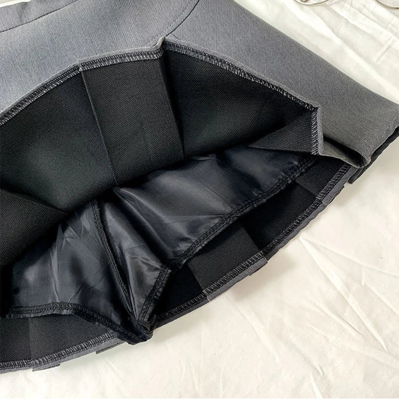 ZOKI  Vintage Gray Pleated Skirt Women Kawaii High Waist Mini Skirts Korean Fashion School Uniform Harajuku Streetwear Spring