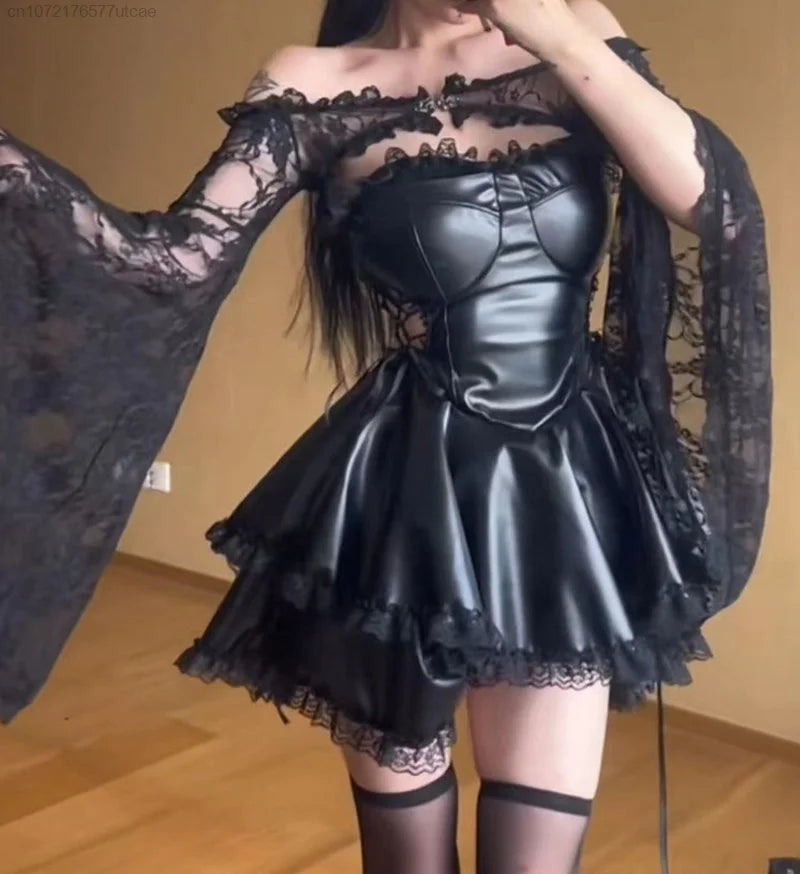 EtherealBe gothic black party dress for women with lace sleeves and fitted bodice